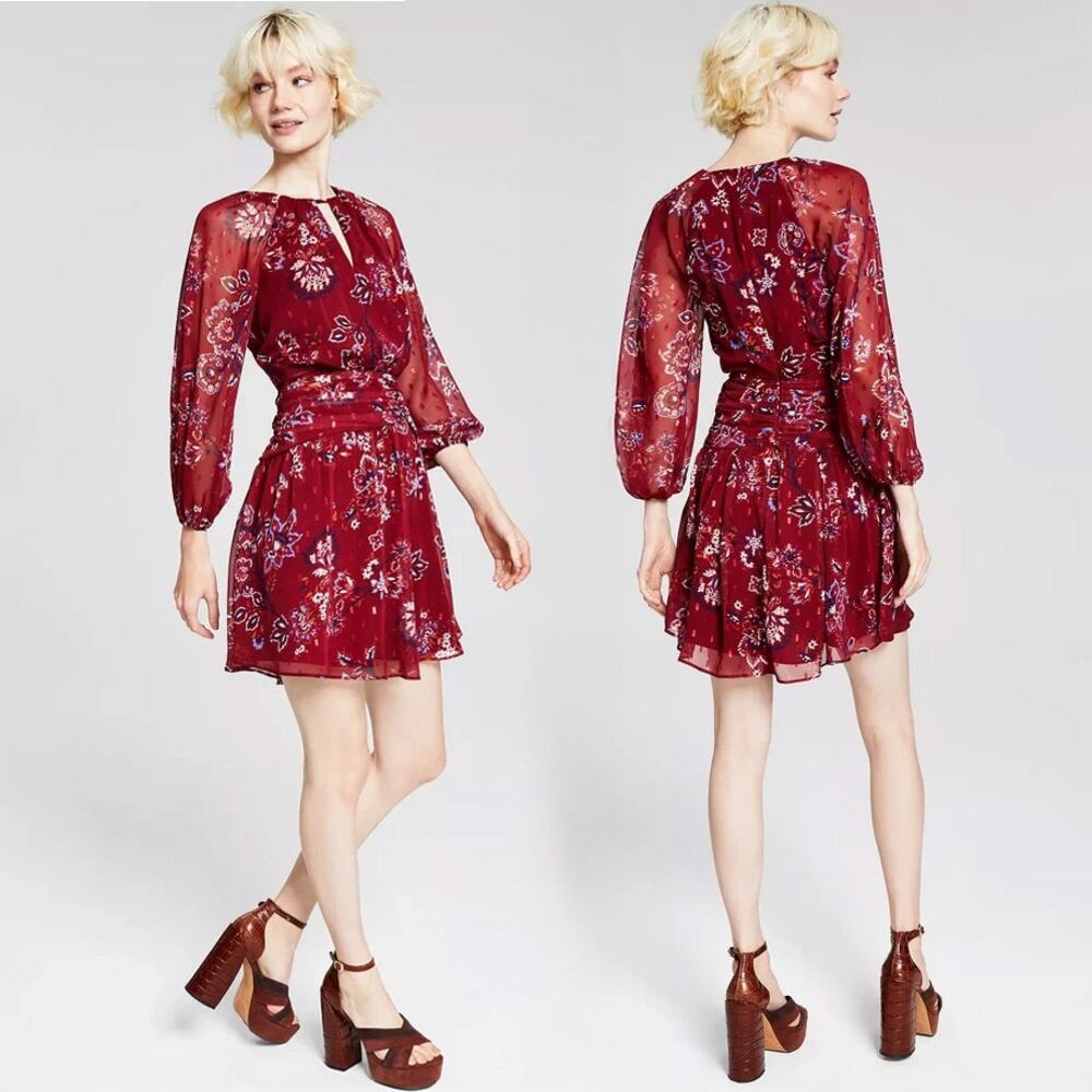 NWOT Vince Camuto Fit and Flare Balloon Sleeve Red Chiffon Dress Sz 10 - Picture 2 of 14